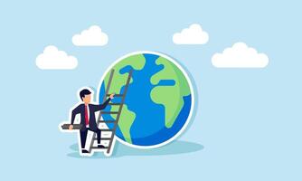 A businessman carrying a ladder rung to install on a ladder and climb a globe, illustration of Step by step in business to become the best in the world vector