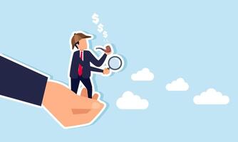 A hand holding a detective with a magnifying glass, illustration of A company sending someone to oversee team performance within the organization vector