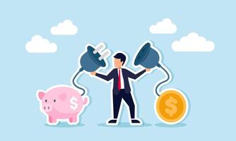 A businessman holding an electrical plug with a piggy bank on one end and coins on the other, illustration of Synchronizing income with investments for effective money management vector