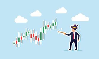 A magician businessman with a wand ready to turn a stock chart towards a positive trend, illustration of A person who can control the direction of the stock market vector