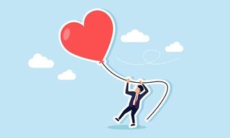 A businessman struggling to hold a large heart shaped balloon with a string, illustration of A businessman trying to maintain a positive work environment and morale in his company vector