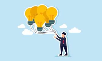 A businessman holding a floating lamp balloon by a string, illustration of Recording numerous emerging business concept ideas vector