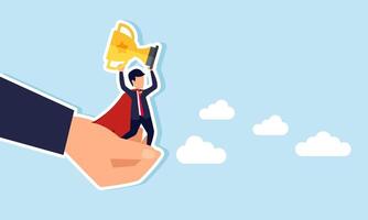 A hand holding a super businessman carrying a trophy, illustration of A company awarding employees who excel and complete many business projects vector
