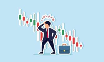 A businessman confused by the negative trend in the stock chart, illustration of Confusion in identifying factors causing the company's performance decline vector