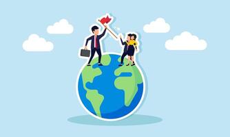 A businessman and competitor standing on the globe holding a red flag to signal the rival, illustration of Proof of a businessman's achievement and gaining recognition from competitors vector
