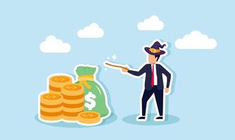 A businessman magician with a wand ready to conjure a wealth of money, illustration of Increasing assets or sales quickly and efficiently vector