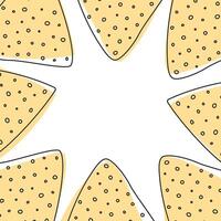 Outline Nachos with spotted tint in trendy soft yellow. Abstract frame border Inscription template Copy space. Isolated Decorative background. Cards, poster, leaflets, promo or web illustration vector