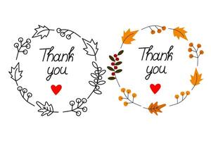 Black and white and color abstract round frame with autumn leaves and lettering Thank you Set of 2 Isolate EPS design concept for Thanksgiving greetings or cards, print, shirt, banner, poster vector