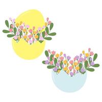Egg shell with colorful flowers and twigs bouquet. Set of 2 spring or Easter composition Isolated. illustration Cards, posters, banners, brochure, price tag, label or web promo leaflet elements vector