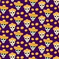 Sugar Skulls in Floral wreath and sombrero Seamless pattern. Holyday background texture design idea. illustration Wrapping, wallpaper, packing or web, cards, poster, banner, leaflet, label, tag vector