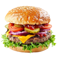 Cheeseburger with Fresh Vegetables. Hamburger With Cheddar Cheese on Isolated Background. Fast and Junk Food Concept png