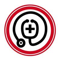 Medical logo depicting a stethoscope, surrounded by a red circle line. Suitable for presentation of medical scientific journals at scientific events. vector