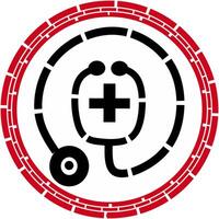 Medical logo depicting a stethoscope, surrounded by a red circle line. Suitable for presentation of medical scientific journals at scientific events. vector