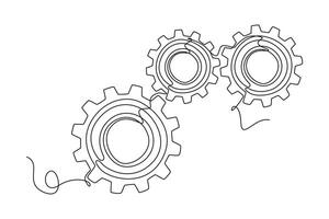 Continuous one line drawing mechanical engine gear logo. Round wheel metal symbol for business teamwork, connection, collaboration, success concept. Single line draw design graphic illustration vector