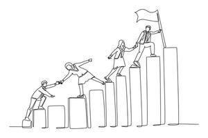 Single continuous line drawing team members holding hands together following their leader who hold flag climbing up stairs step by step. Teamwork concept. One line graphic design illustration vector