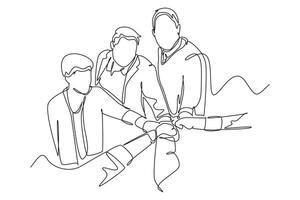 Continuous one line drawing group of young happy male and female business people unite their hands together to form a circle shape. Teamwork unity. Single line draw design graphic illustration vector