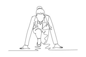 Single one line drawing front view of businesswoman get ready to sprint run on running track. Business race challenge and competition concept. Continuous line draw design graphic illustration vector