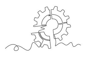 Single one line drawing gear from puzzle pieces logo icon. Business creativity, teamwork, partnership, collaboration and success concept. Modern continuous line draw design graphic illustration vector
