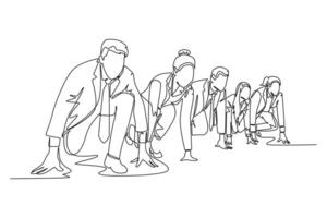 Continuous one line drawing group of male and female worker gets ready on starting line to do sprint race together. Business running competition concept. Single line design graphic illustration vector