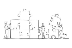 Continuous one line drawing group of young business people arrange puzzle pieces to build strong building. Collaboration business teamwork concept. Single line draw design graphic illustration vector