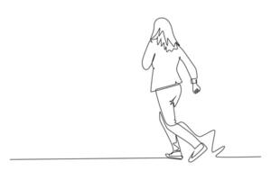 Continuous one line drawing back view of energetic businesswoman doing running exercise to reach finish line. Business race challenge competition. Single line draw design graphic illustration vector