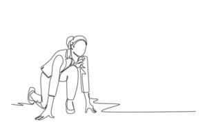 Continuous one line drawing side view of businesswoman get ready sprint run to her office on running track. Business race challenge and competition. Single line draw design graphic illustration vector