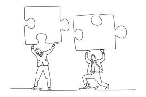 Single continuous line drawing of businessman partner connect jigsaw puzzle. Partnership working together for success. Teamwork or unity to cooperate. One line draw graphic design illustration vector