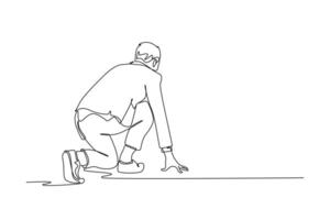 Continuous one line drawing back view of businessman or office worker get ready to sprint run on running track. Business race competition and challenge. Single line design graphic illustration vector