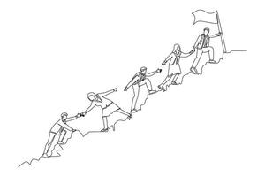 Single continuous line drawing male and female team member stick together follow their leader who holds flag to reach the top of the hill. Teamwork concept. One line graphic design illustration vector
