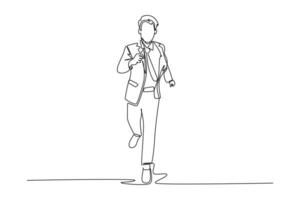 Single continuous line drawing of young male manager join run competition for company branding. Business sprint race challenge to reach finish line concept. One line graphic design illustration vector