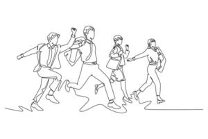 Continuous one line drawing group of business people or commuter workers running fast to get to the office on time. Urban employee in rush concept. Single line draw design graphic illustration vector