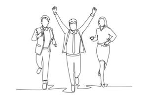 Single one line drawing happy group of male and female worker crossing finish line after winning the race. Business running competition concept. Continuous line draw design graphic illustration vector