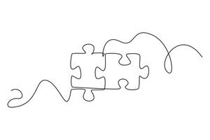 Single one line drawing puzzle pieces for connection company logo identity. Puzzle jigsaw metaphor for teamwork collaboration business concept. Continuous line draw design graphic illustration vector