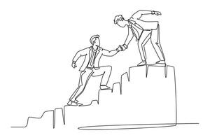 Single continuous line drawing young energetic businessman holding hands his partner to help climbing the hill. Teamwork support and collaboration concept. One line graphic design illustration vector