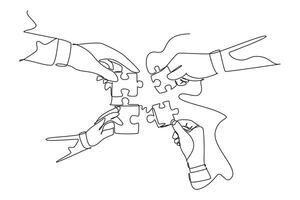 Continuous one line drawing of business team members unite puzzle pieces together to one as team building symbol. Office employee teamwork concept. Single line draw design graphic illustration vector