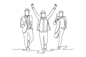 Single one line drawing of male worker rise his hand fist to the air when crossing finish line winning running competition beating competitor. Continuous line draw design graphic illustration vector