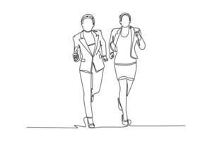 Single continuous line drawing of female workers try to beat each others at running championship with her friend. Business running competition concept. One line draw graphic design illustration vector