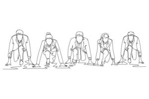 Single one line drawing group of businessman and businesswoman get ready on start line to do sprint race. Business running competition concept. Continuous line draw design graphic illustration vector