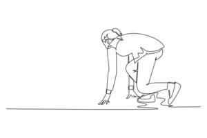 Continuous one line drawing back view of female company employee get ready on start line to do sprint race. Business running competition concept. Single line draw design graphic illustration vector