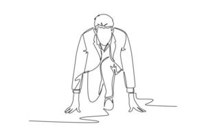 Single one line drawing front view of businessman get ready to sprint run on starting line. Business race to growth up and competition concept. Continuous line draw design graphic illustration vector