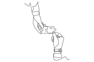 Single one line drawing human hands connect two parts of puzzle together. Business solutions and ideas. Teamwork and partnership concept. Modern continuous line draw design graphic illustration vector