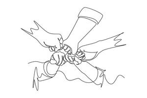 Single one line drawing group of young male and female business people unite their hands together to form a five star shape. Unity teamwork concept. Continuous line design graphic illustration vector