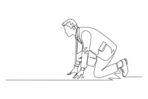 Single one line drawing side view of urban office worker get ready to sprint run on running track. Business race challenge competition concept. Continuous line draw design graphic illustration vector