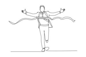 Single one line drawing of young happy businessman running and lifting his hands to the air after crossing finish line. Business race concept. Continuous line draw design graphic illustration vector