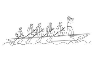Single continuous line drawing group of male team member take boat heading to an island while leader navigate them using binocular. Teamwork concept. One line draw graphic design illustration vector