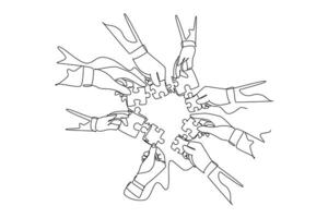 Continuous one line drawing of male and female business team members unite puzzle pieces together to one as team building symbol. Employee teamwork. Single line draw design graphic illustration vector