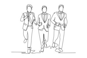 Single continuous line drawing group of businessman or male workers running to get to office on time. Urban man employee in rush hour concept. Dynamic one line draw graphic design illustration vector