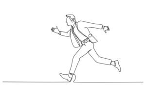 Single continuous line drawing successful businessman in formal suit run for work. Salesman running to meeting with client. Late for work. Business people. One line graphic design illustration vector