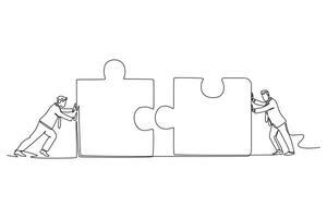 Single continuous line drawing of two young businessmen push puzzle pieces to unite it. Start business collaboration symbol. Teamwork concept. Dynamic one line draw graphic design illustration vector