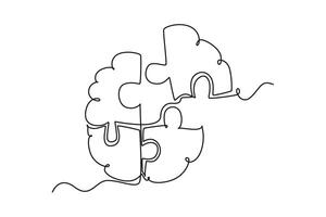 Single one line drawing of human brain forming from piece of puzzles logo identity. Head anatomy and smart psychological people concept. Modern continuous line draw design graphic illustration vector